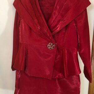 Elegant Red Satin Suit with Brooch